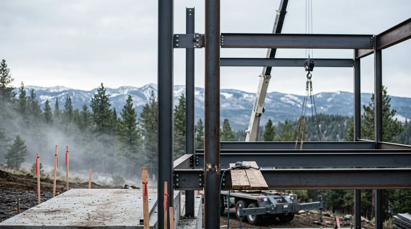 A completed pre-engineered steel building on a rural property near Pagosa Springs, Colorado, with mountain terrain visible in the background. The structure features a standing metal roof and wide access doors suited for equipment or agricultural use.