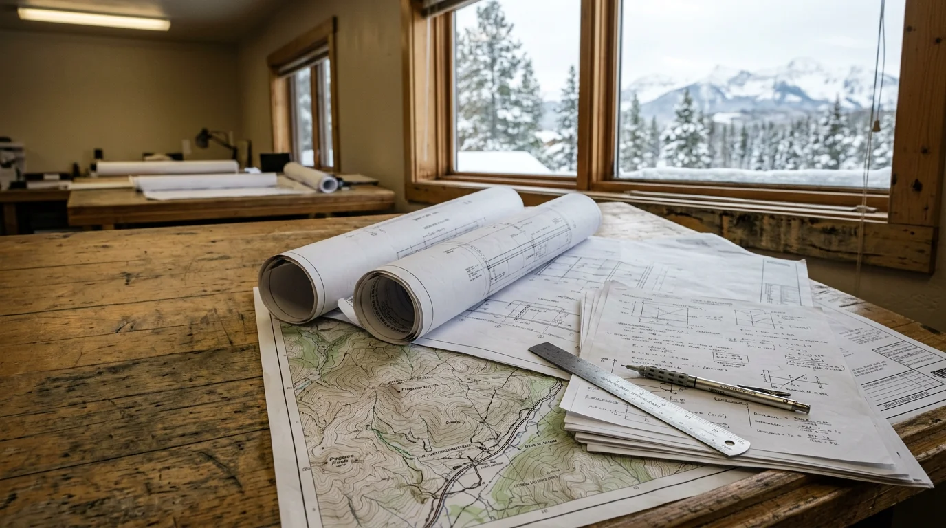 Steel building design blueprints laid out on a work surface with the San Juan Mountain landscape of Pagosa Springs, Colorado visible in the background. The drawings show structural framing details and roof pitch specifications suited for high snow load conditions.